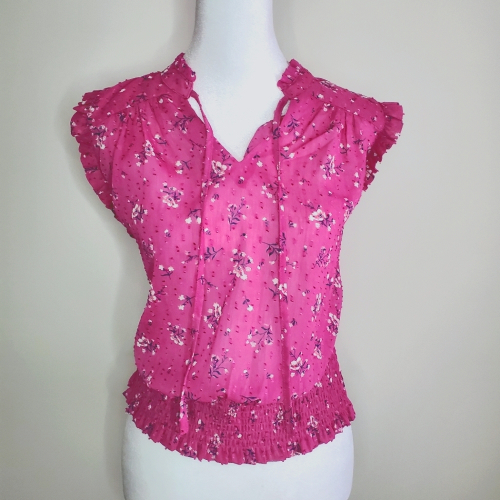 Rachel Zoe Women’s Size Small Magenta Pink Sheer Floral Ruffled Top